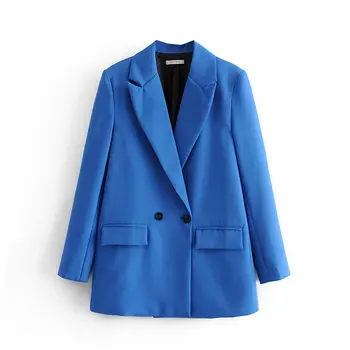

elegant solid blue women black blazer notched collar long sleeve pockets coat female office wear suit jacket formal tops