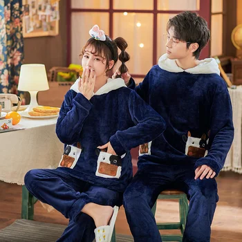 

Two Piece Set Korean Flannel Pajamas Winter Warm Couple Sleepwear Home Clothes Coral Fleece Thick Pyjamas Women Men Pijama Mujer