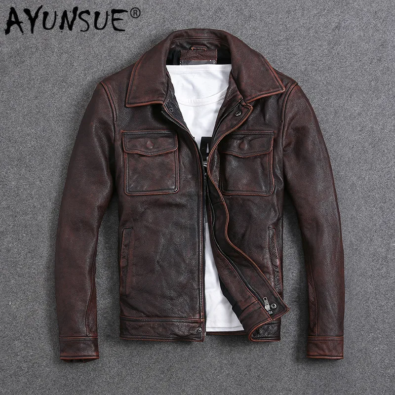 

AYUNSUE Vintage Genuine Cow Leather Jacket Men Plus Size Cowhide Leather Coat Slim Short Jacket Veste Cuir Homme L-Z-14 YY1366