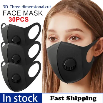 

30pcs Black Anti Dust Windproof Mask Breath Valve Washable Reusable Earloop Mouth Cover Anti Pollution PM2.5 Breathable Filter