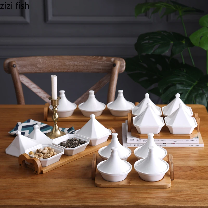 Керамическая Фруктовая тарелка с крышкой, разделенная тарелка для закуски, тарелка для послеобеденного чая, простая креативная тарелка с бамбуковым сиденьем, закуски