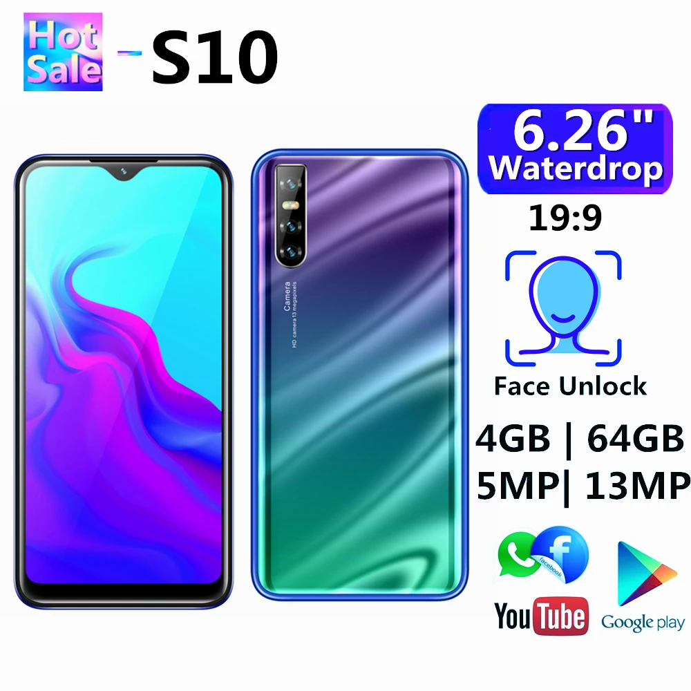 Мобильный телефон S10, 4 Гб ОЗУ, 64 Гб ПЗУ, 13 МП, 6,26 дюйма, 3000 мАч, распознавание лица, разблокированные смартфоны, мобильные телефоны на Android