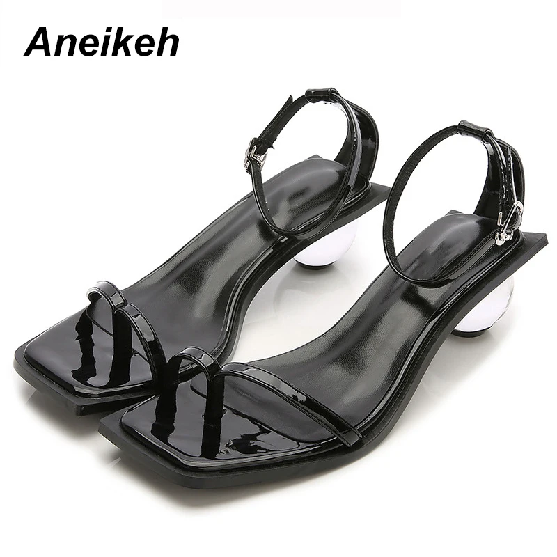 

Aneikeh Fashion Women Crystal Round Heel Sandals Gladiator Rhinestone Ankle Strap Pumps High Heels 4CM Peep Toe Dress Lady Shoes