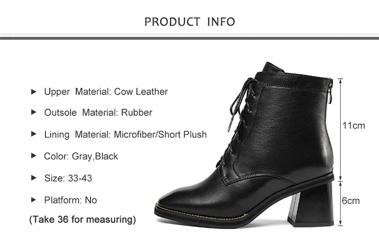 New Winter Genuine Leather Women Ankle Boots High Heel Square Toe Zip Lace-Up Fashion Women Shoes Black Warm Short Boots