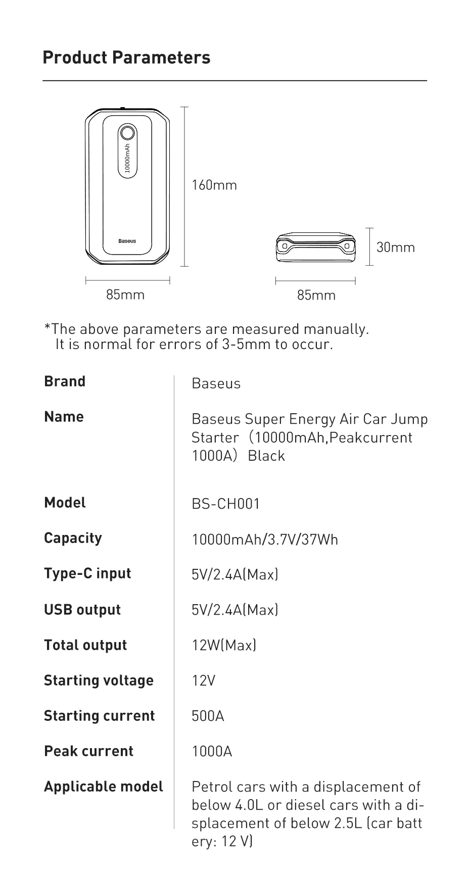 Baseus 10000mAh Power Bank External Battery Portable Charger Car Emergency Jump Starter 1000A 3.7V Vehicle Start Battery power bank charger