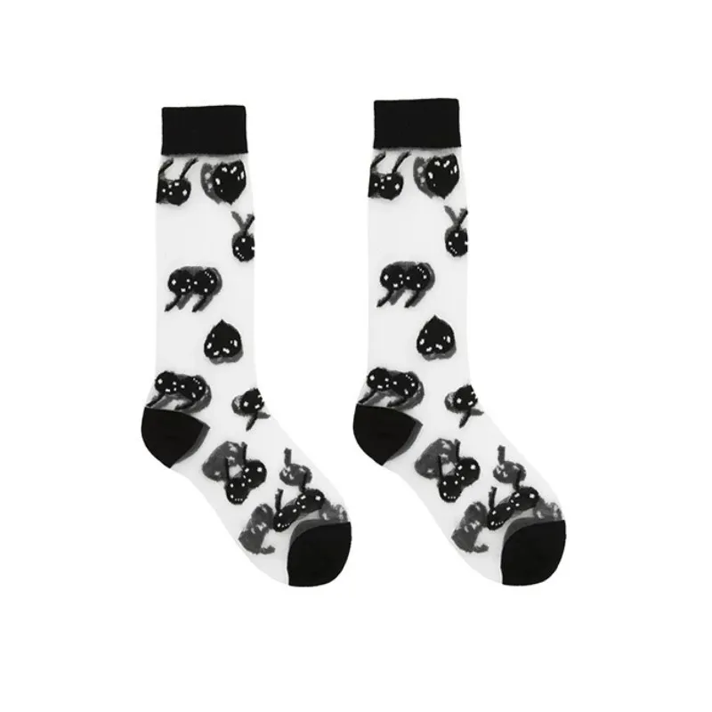 Black Retro Caring Cherry Glass Filament Socks Women Summer Japanese Harajuku Style Ultra-thin Transparent Crystal Silk Socks