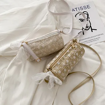 

Letters Embroidery Handbags Straw Woven Women Splicing Crossbody Bags Ladies Flowers Zipper Shoulder Bucket Bags