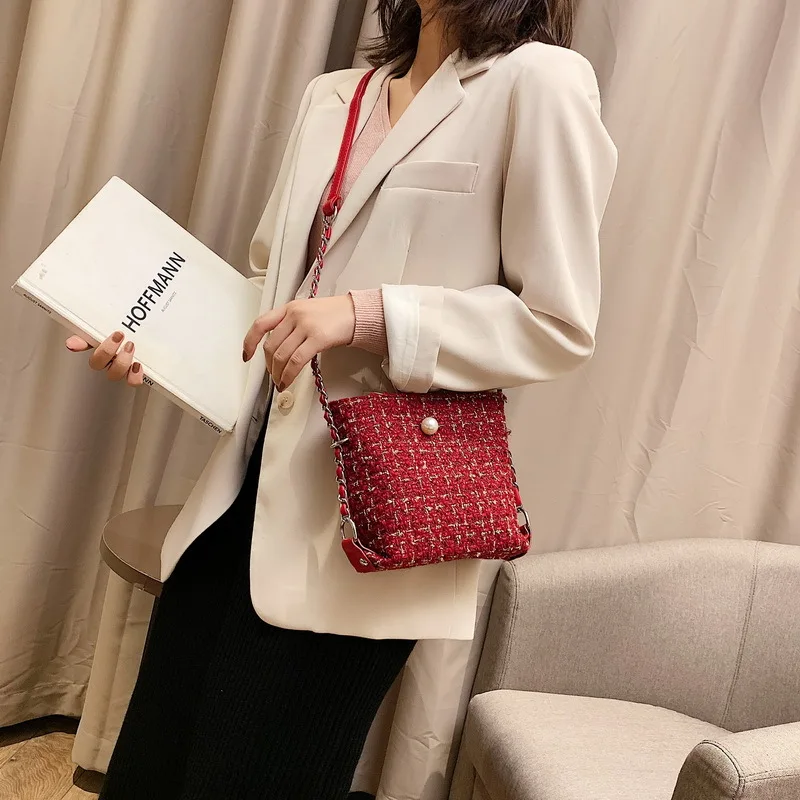 

Autumn Small Bag WOMEN'S Bag 2019 New Style Pearl Clasp Versatile Shoulder Bag Fashion Chain Shoulder Woolen Cloth Square Sling