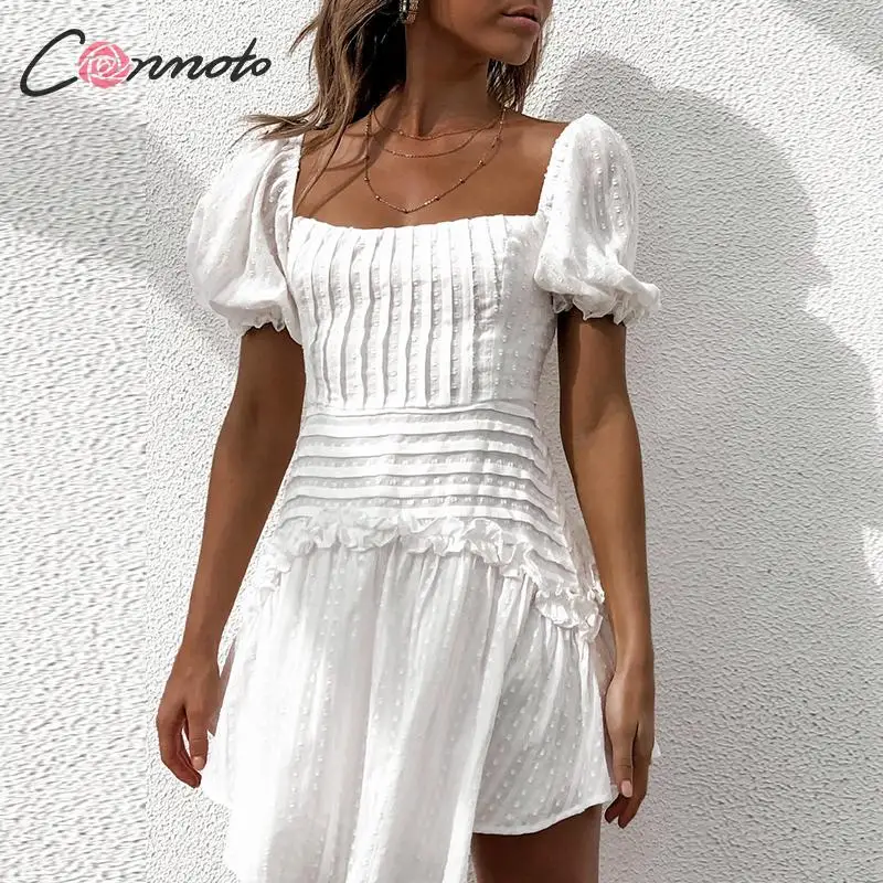 Conmoto, сексуальное, с открытой спиной, с перекрестной шнуровкой, белое короткое платье, женское, высокая талия, тонкое, плиссированное, мини платье, для девушек, повседневное, в горошек, Vestidos