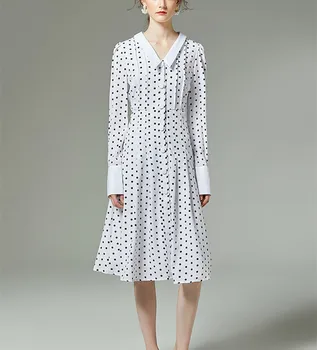 

HAMALIEL High Quality Office Ladies Midi Dress Autumn Spring Women Wave Point Print Single Breasted White Turn Down Collar Dress