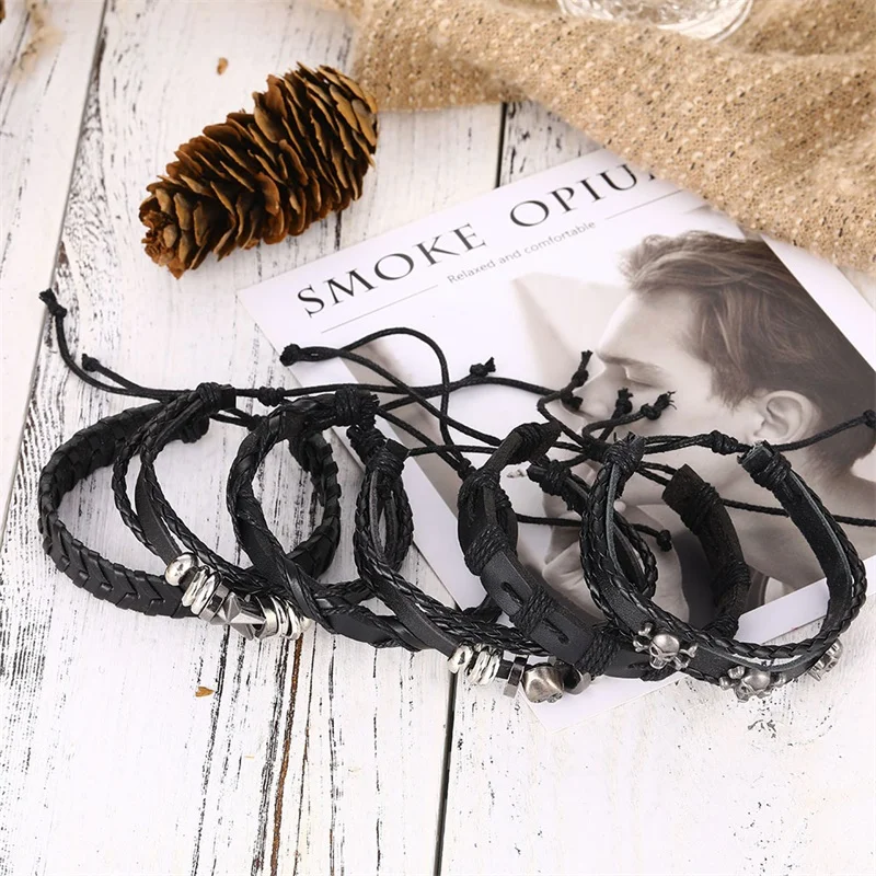 Rock Skull Star Feather Multiple Layers Leather Bracelets For Men Charms Bracelets - Image 5