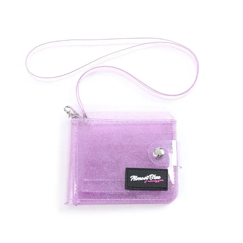 Purple Прозрачный держатель для карт с ремешком, складной короткий кошелек из ПВХ, Модный Блестящий чехол для визиток для женщин и девушек - Цвет: Purple