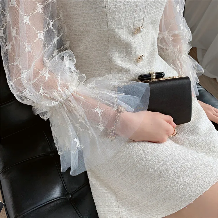 Dabuwawa Vintage Mesh Lantern Sleeve A-Line Dress Women Square Neck Button Front Elegant Solid Party Dress Ladies DT1CDR018