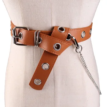 

Chain Belt Women Fahsion Ins Ring Waistband Punk Hollow Eyelet Decoration Concave Shape Riveting Nail Leather Belts Female Adult