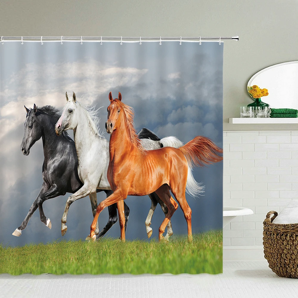 Animals Horse Shower Curtain Polyester Fabric 3d Printing Bathroom Curtain Waterproof With Hook Large Size 240X180 Bath Curtains