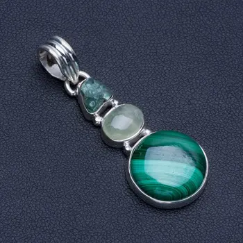 

Natural Malachite,Prehnite and Rough Aquamarine Boho Style 925 Sterling Silver Pendant 2" R0638