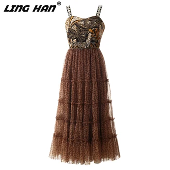 

LINGHAN Fashion Beading Leopard Mesh Midi Dress Women elegant Spaghetti strap party dresses Designer Spring Summer New
