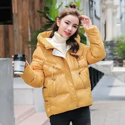 Женская зимняя короткая куртка 2019, женская зимняя Осенняя парка с капюшоном, стоячий воротник, длинный рукав, теплая хлопковая подкладка