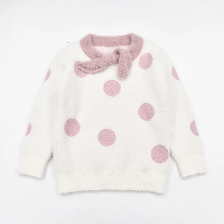 

New Style Autumn And Winter Mink Cashmere Clothes Sweater Bow Dotted Sweater GIRL'S gong zhu shan Sweater Children's Clothing