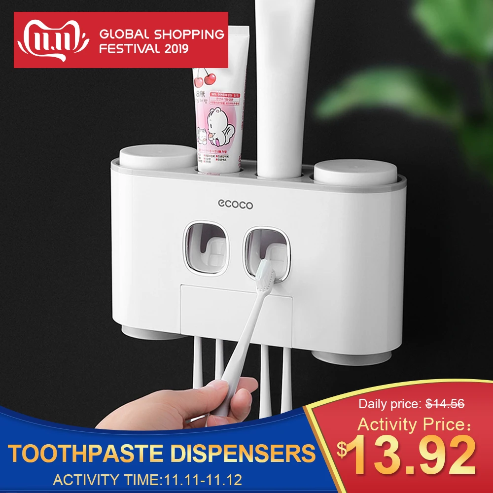 

ECOCO Wall-Mounted Toothbrush Holder with 2 Toothpaste Dispensers 4 Cups and 5 Toothbrush Slots Toiletries Bathroom Storage Rack