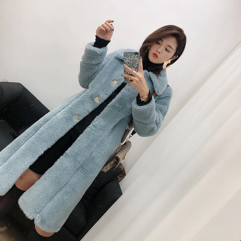Light Blue Женская одежда Зимняя верхняя одежда пальто новое меховое шерстяное длинное пальто 1023 - Цвет: Light Blue