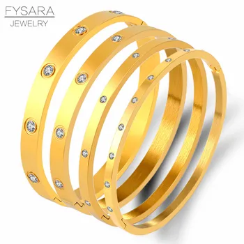 

FYSARA 3/4/6/8mm Crystals Lovers Bracelets Stainless Steel Bangles Cubic Zirconia Women Gold Color Bangles Brand Jewelry Gifts