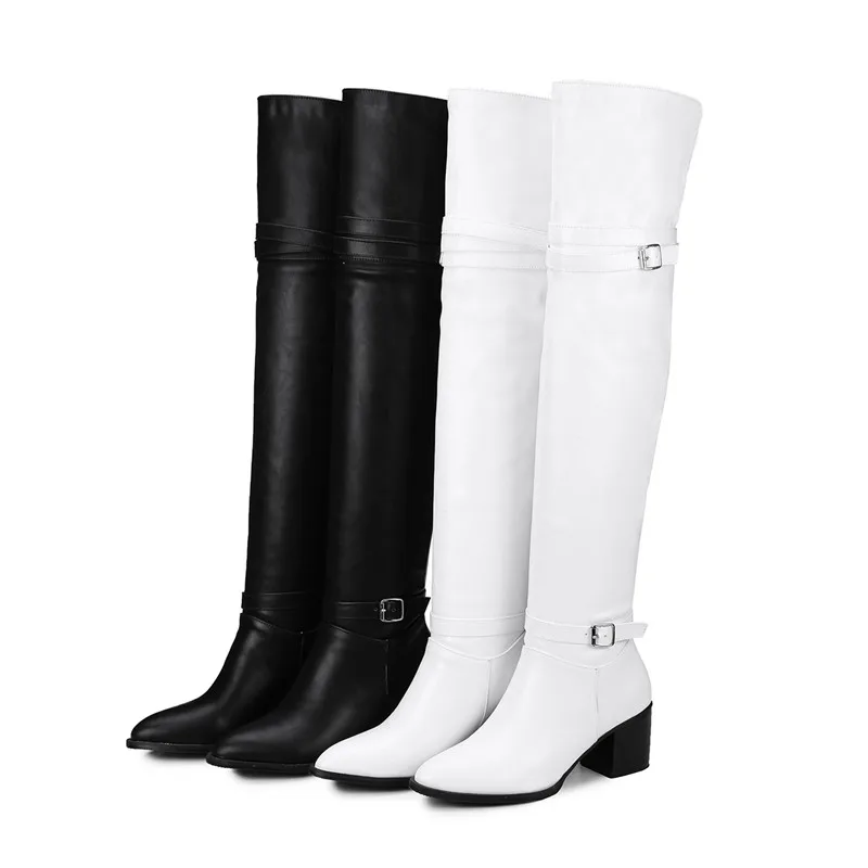 MORAZORA/ г. Большие размеры 34-48, модные зимние сапоги выше колена Дамская обувь на высоком каблуке с острым носком и пряжкой женские сапоги 2 цветов