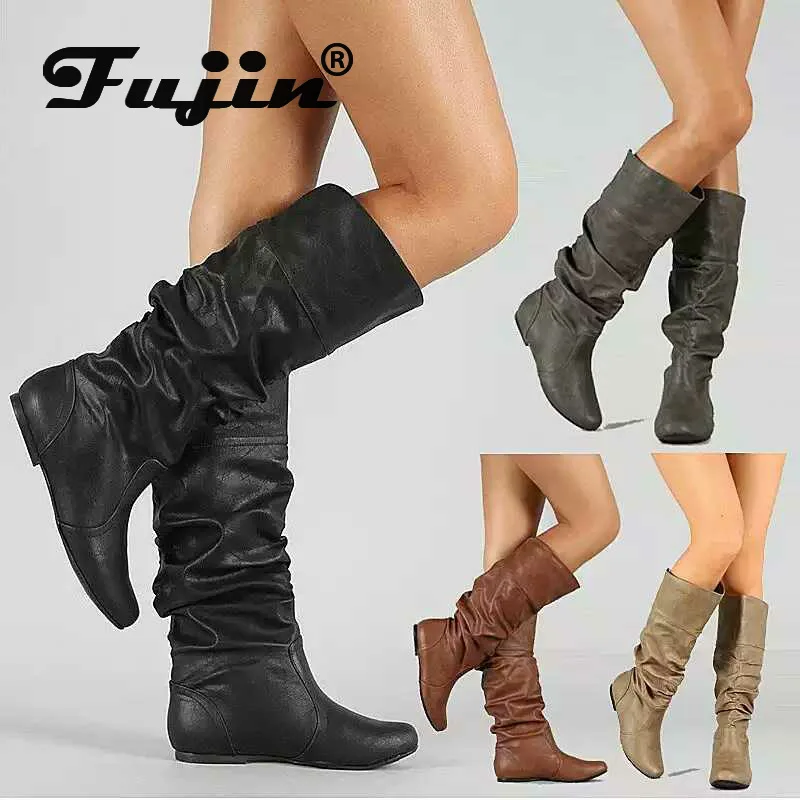 

Fujin Mid Calf Boots Women Winter Fashion Dropshipping Flat Bottom Pointed Toe Low Heels Metal Decoration Plush Women Boots