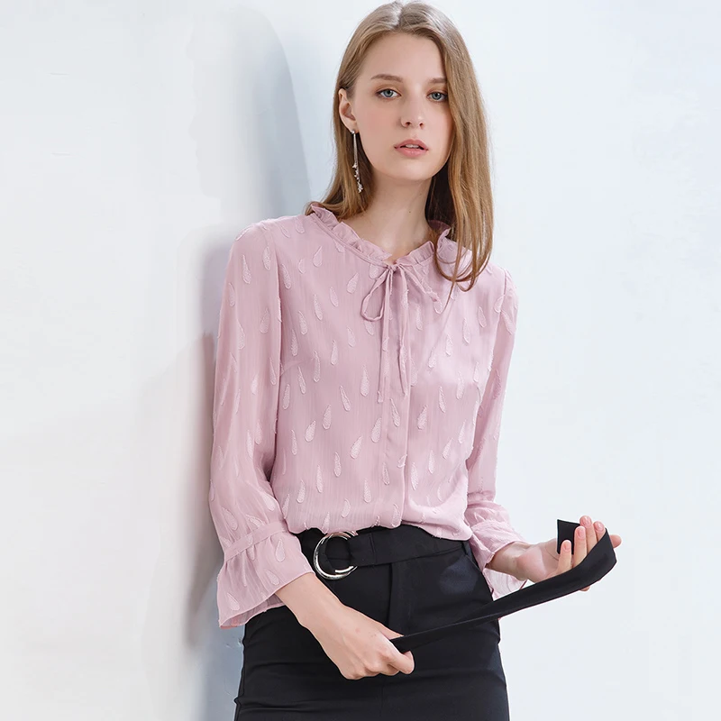 

Pink Drawstring Pink Blouse Long Sleeve Embroidery Floral Loose Casual Pink Tops Shirts Female 2021 Spring Blouse