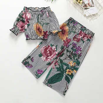 

Winter Children Casual Cute Long Sleeve Slash Neck Floral Striped T-shirt Wide Legged Trousers Baby Girl Clothes Sets