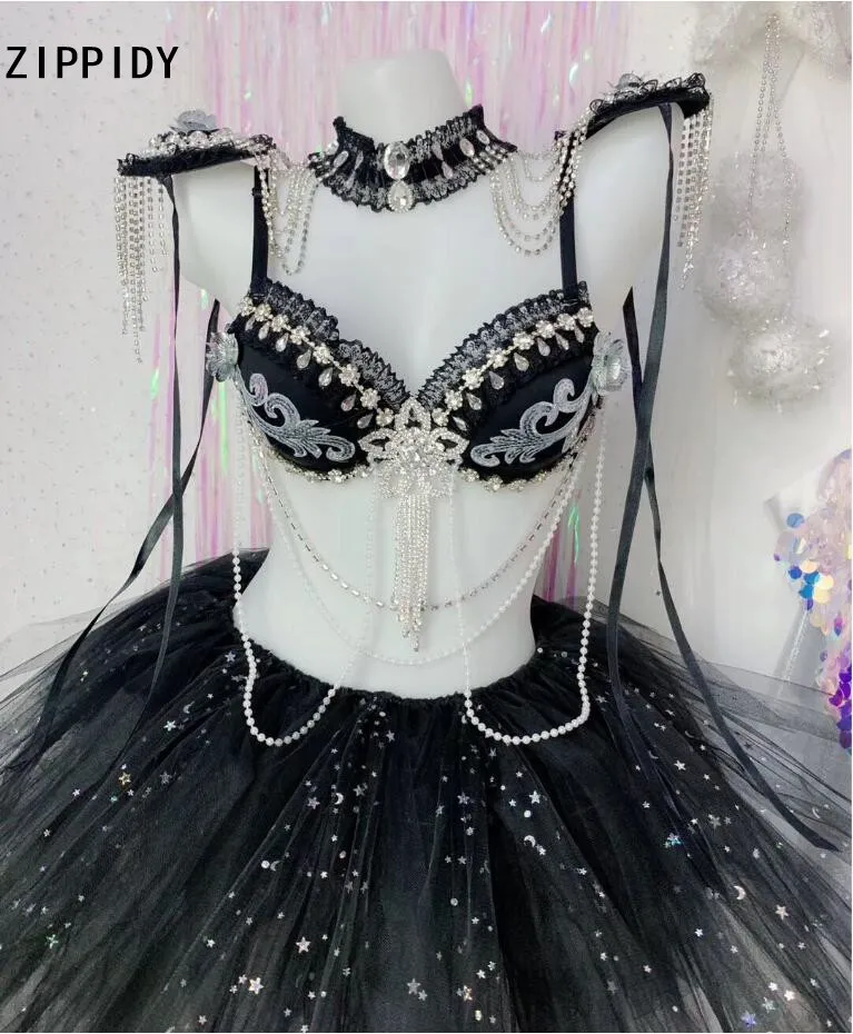 Серебряные стразы, бисероплетение, цепи, погоны, бюстгальтер, юбка, комплект, выпускной, женский, певец, наряд, вечернее бикини, одежда для танцоров, набор