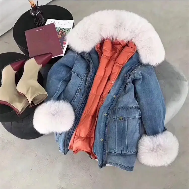 Winter Fox Fur Collar Denim Jacket Women Thick Coat Jean Loose Duck Down 2 Piece Set | Женская одежда