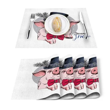 

Cute Pig With Tie Hat Animal Printed Cotton Linen Kitchen Placemat Dining Table Mat Coaster Pads Cup Mats Home Decor