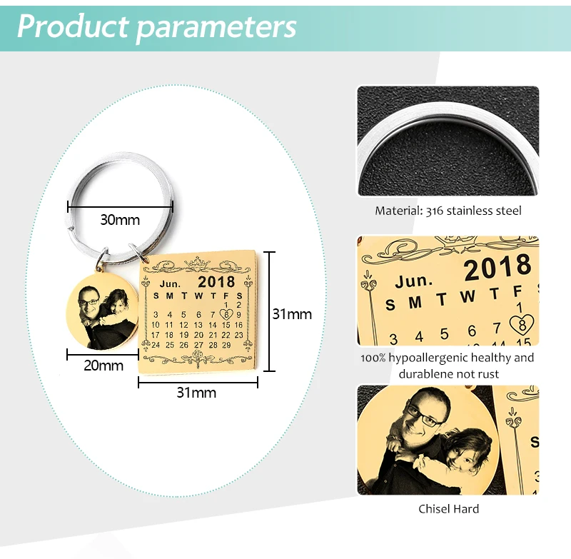 Персонализированный Календарь-брелок календарь выделенный с сердцем Дата брелок Золото Нержавеющая сталь частный пользовательский фото текст Дата