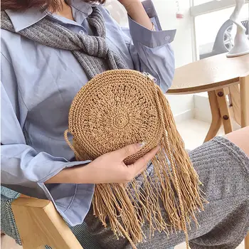 

Boho Beach Summer Crossbody Bag Women 2020 Cross Body Shouler Bag Round Circular Straw Woven Basket Purses and Handbag