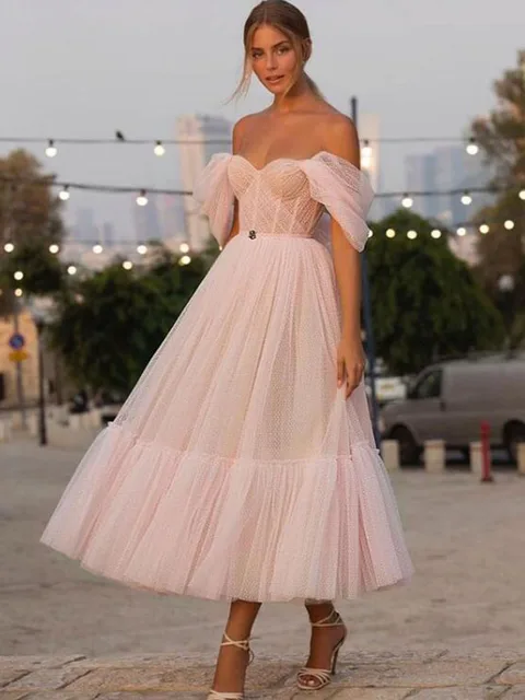 LORIE Blush Pink Off the Shoulder Dot Tulle Short Wedding Dress A Line Sweetheart Elegant Tea Length Bride Gown Party Dresses same as photo