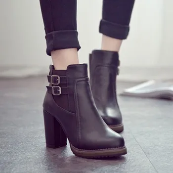 

Buckle Strap Women Ankle Boots Casual Platform Shoes Woman High Heels Western Boots Slip On Winter Women Shoes