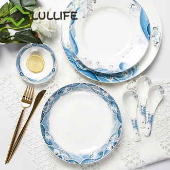 

Blue Wave Pattern China Bone Dinner Plate Steak Fruit Bread Round Plate For Home Party Wedding Dinnerware Set Plates and Dishes
