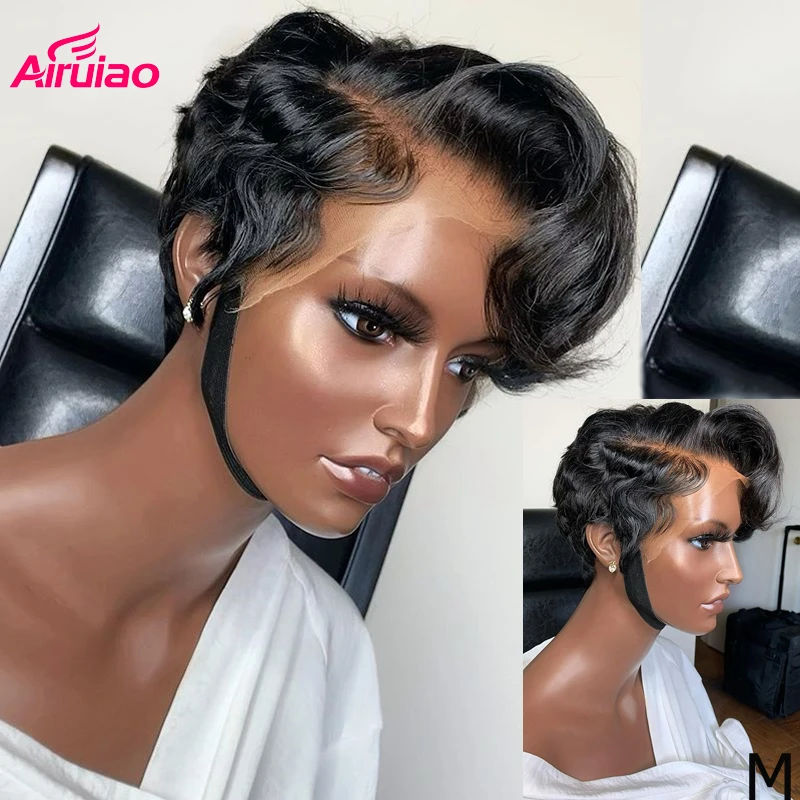 

Pre Plucked 13x4 Pixie Cut Wigs Lace Front Human Hair Brazilian Short Bob Wavy Wigs For Black Women Remy Closure 150% Invisible