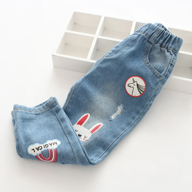 

Cartoon Printed with Holes Jeans 18 Autumn Korean-style Child Pants Childrenswear 70208