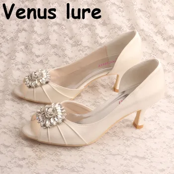 

Handmade Womens Ivory Dress Shoes Wedding Open Toe Bride Pumps Mid Heels