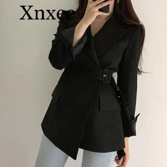 Pink office Autumn Winter Women Jackets Office Ladies Lace Up Formal Outwear Vintage Elegant Solid Pink Black Women Clothes belt