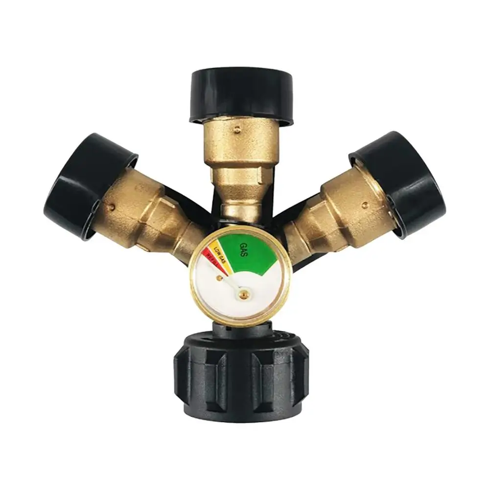 

3 Way Propane Splitter QCC/POL Propane Tank 3 Y Splitter Adapter with Gauge and Shut-Off Valve 3 Way Propane Gas Splitter for