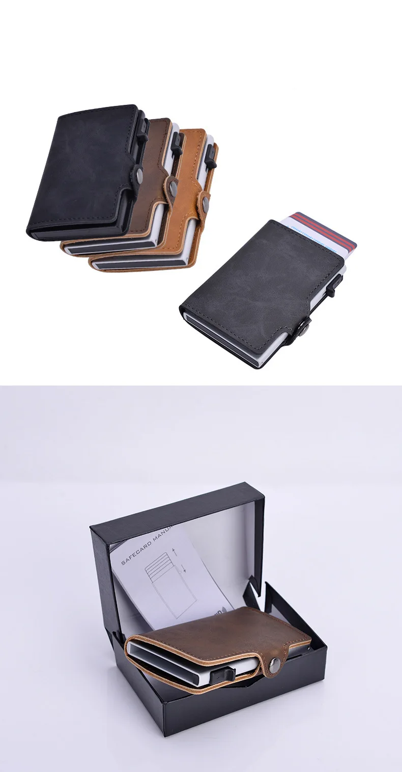 RFID Блокировка винтажный автоматический кожаный держатель для кредитных карт мужской алюминиевый сплав металлический бизнес ID