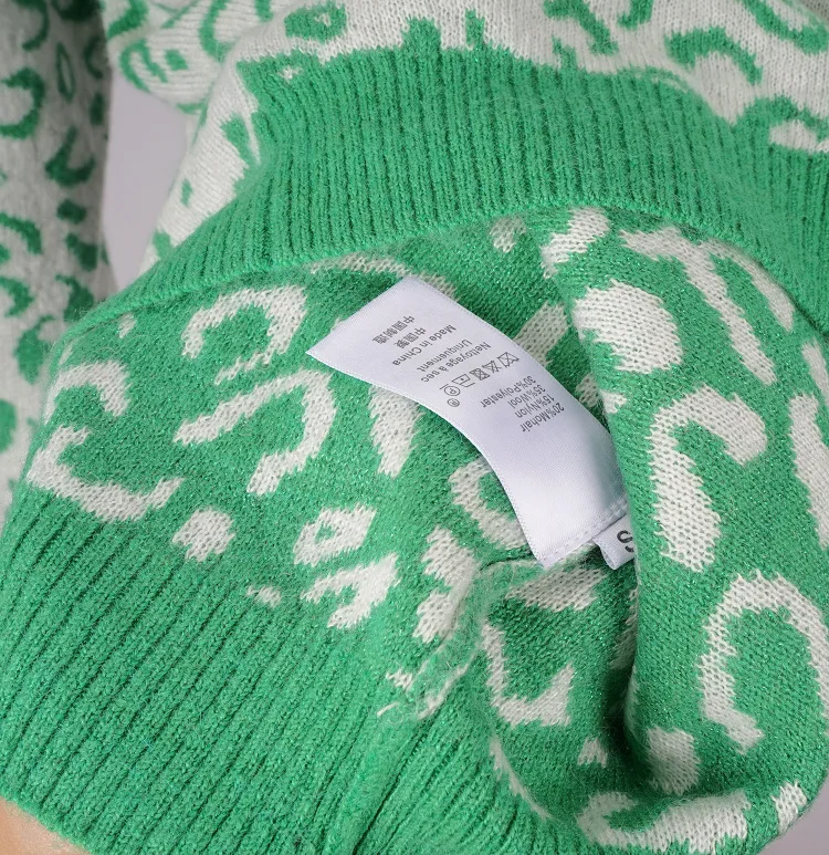 Осенний женский вязаный Топ свежий зеленый Леопардовый Свободный Повседневный Кардиган с v-образным вырезом из мохера шерстяной вязаный кардиган