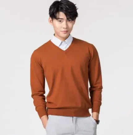 caramel v-neck Кашемировый хлопковый мужской свитер осень-зима, трикотажное платье-свитер hombre pull homme hiver, мужской пуловер с круглым вырезом, вязаные свитера - Цвет: caramel v-neck