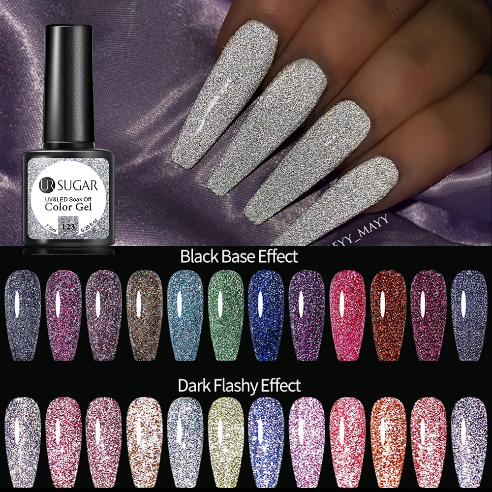 UR SUGAR 7.5ML Silver Reflective Glitter Nail Gel Polish Sparkling Semi Permanent UV Varnish For Art Design | Красота и здоровье