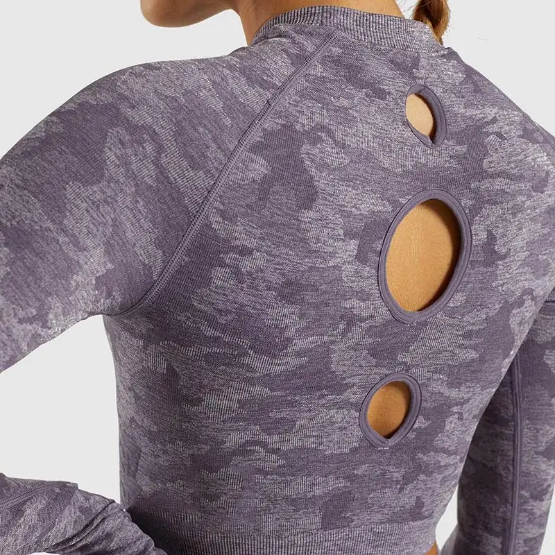 Purple SALSPOR Camo Бесшовные женские рубашки для иоги фитнес-йога кроп топы с длинными рукавами спортивные топы Женская Спортивная одежда для бега топы Спортивные - Цвет: Purple