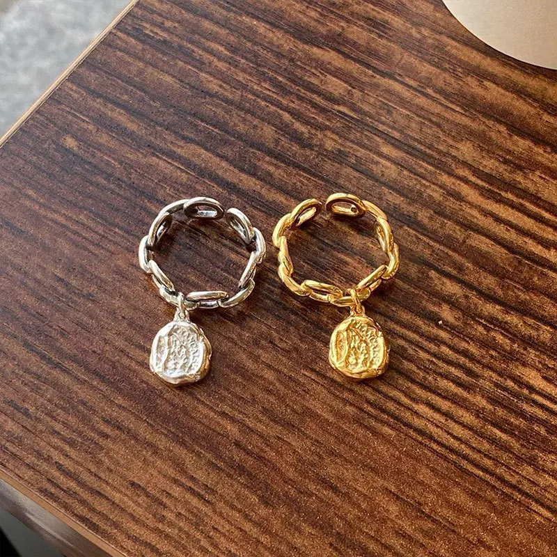Silver Rings FOXANRY Silver Color Rings Fashion Vintage Couples Simple Hollow Chain Irregular Texture Pendant Party Jewelry for Women