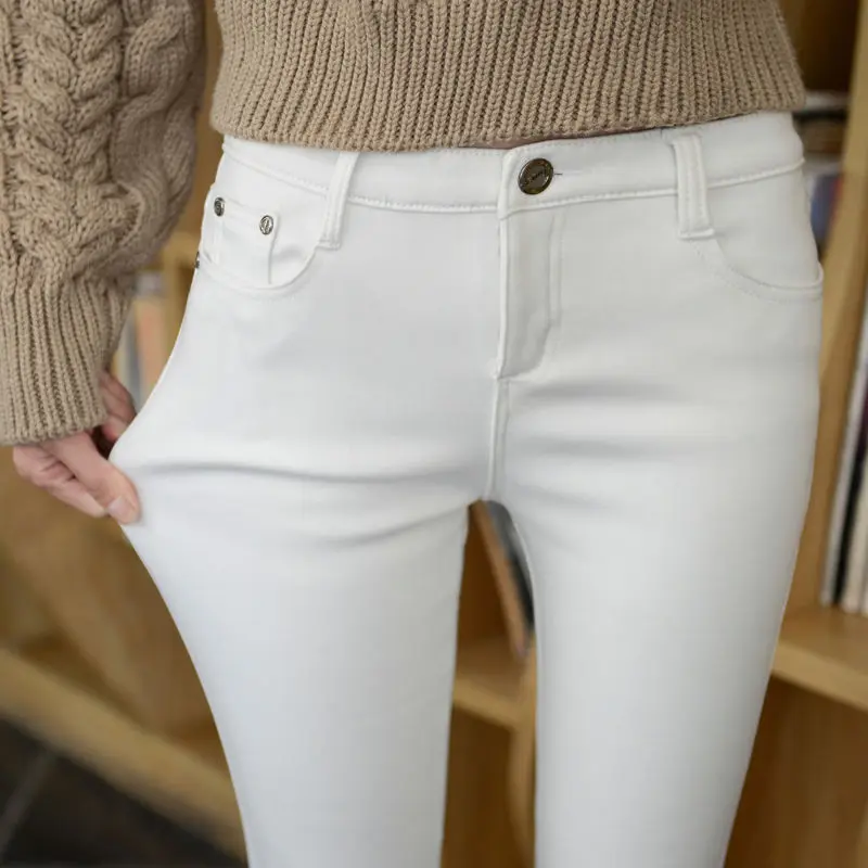 Мама зима плюс размер толстые бархатные джинсы белые обтягивающие повседневные узкие брюки для женщин однотонные женские офисные рабочие джинсовые брюки